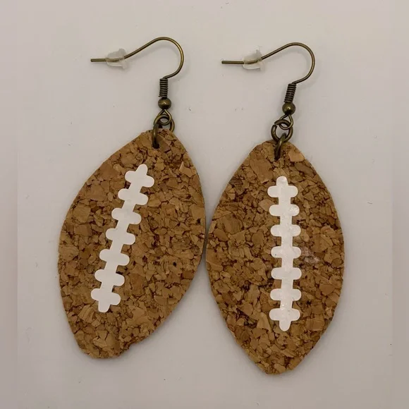 Handmade Dangle Cork Football Earrings - Picture 3 of 4